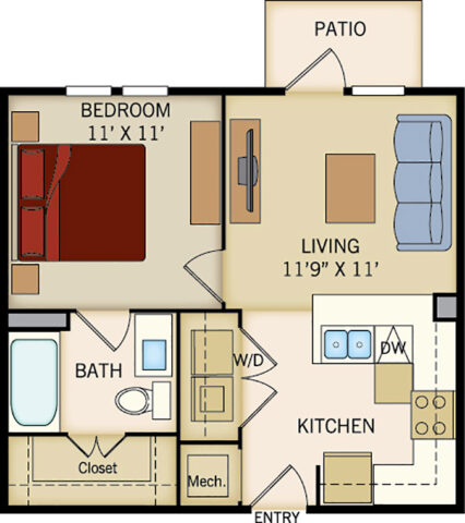 A1 floor plan, 1 bedroom, 1 bathroom 528 square feet