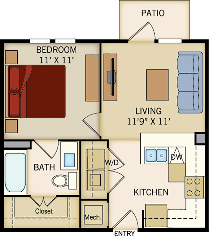 A1 floor plan, 1 bedroom, 1 bathroom 528 square feet