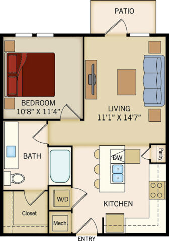 A2 floor plan, 1 bedroom, 1 bathroom, 644 square feet