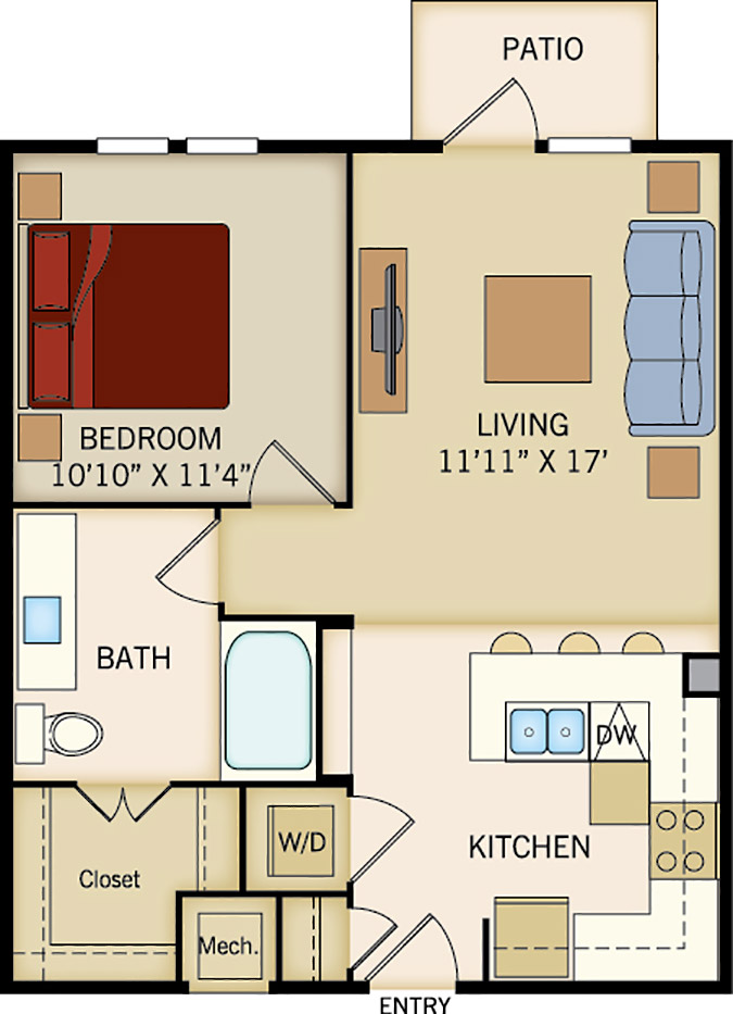 A3 floor plan, 1 bedroom, 1 bathroom, 672 square feet