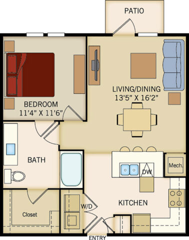 A4 floor plan, 1 bedroom, 1 bathroom, 728 square feet