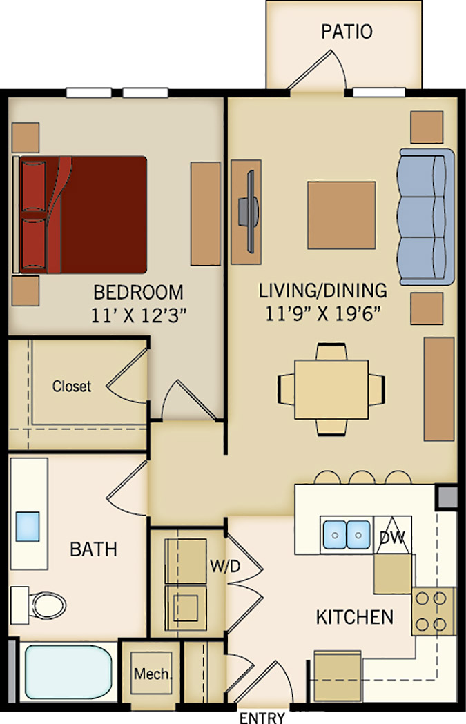A5 floor plan, 1 bedroom, 1 bathroom, 768 square feet