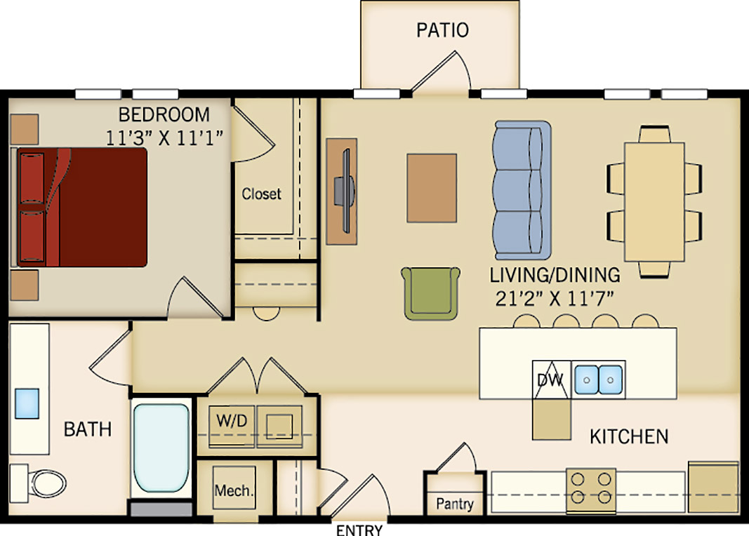 A6 floor plan, 1 bedroom, 1 bathroom, 836 square feet