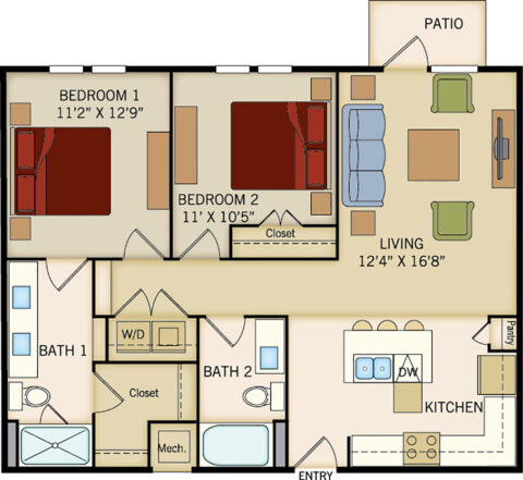 B1 floor plan, 2 bedroom, 2 bathroom, 1008 square feet