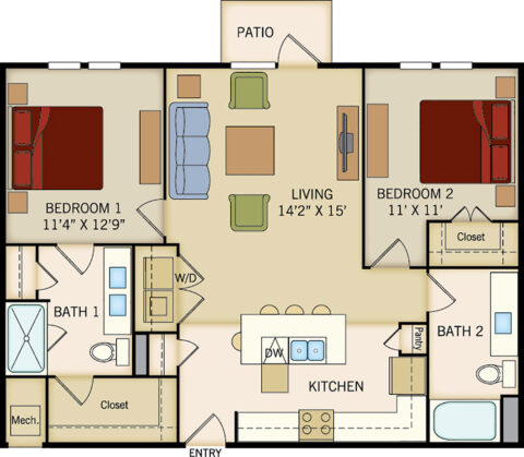 B2 floor plan, 2 bedroom, 2 bathroom, 1064 square feet