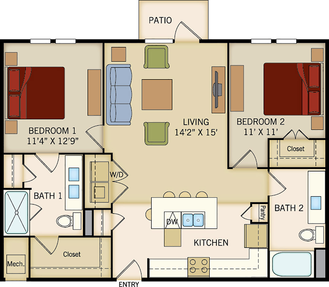 B2 floor plan, 2 bedroom, 2 bathroom, 1064 square feet