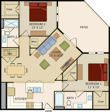 B3 floor plan, 2 bedroom, 2 bathroom, 1155 square feet