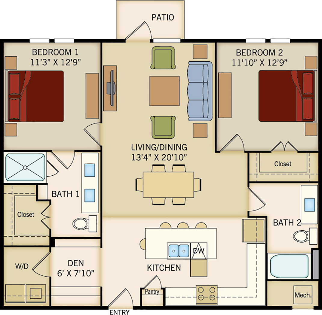 B4 floor plan, 2 bedroom, 2 bathroom 1216 square feet