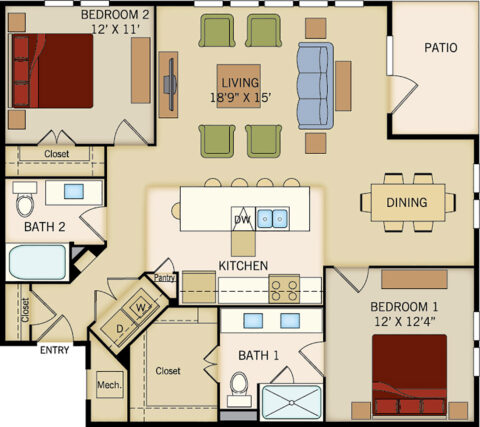 B5 floor plan, 2 bedroom, 2 bathroom, 1250 square feet