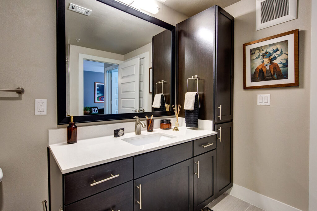 Bathroom with single sink vanity, quartz counters, framed mirror and dark espresso cabinetry
