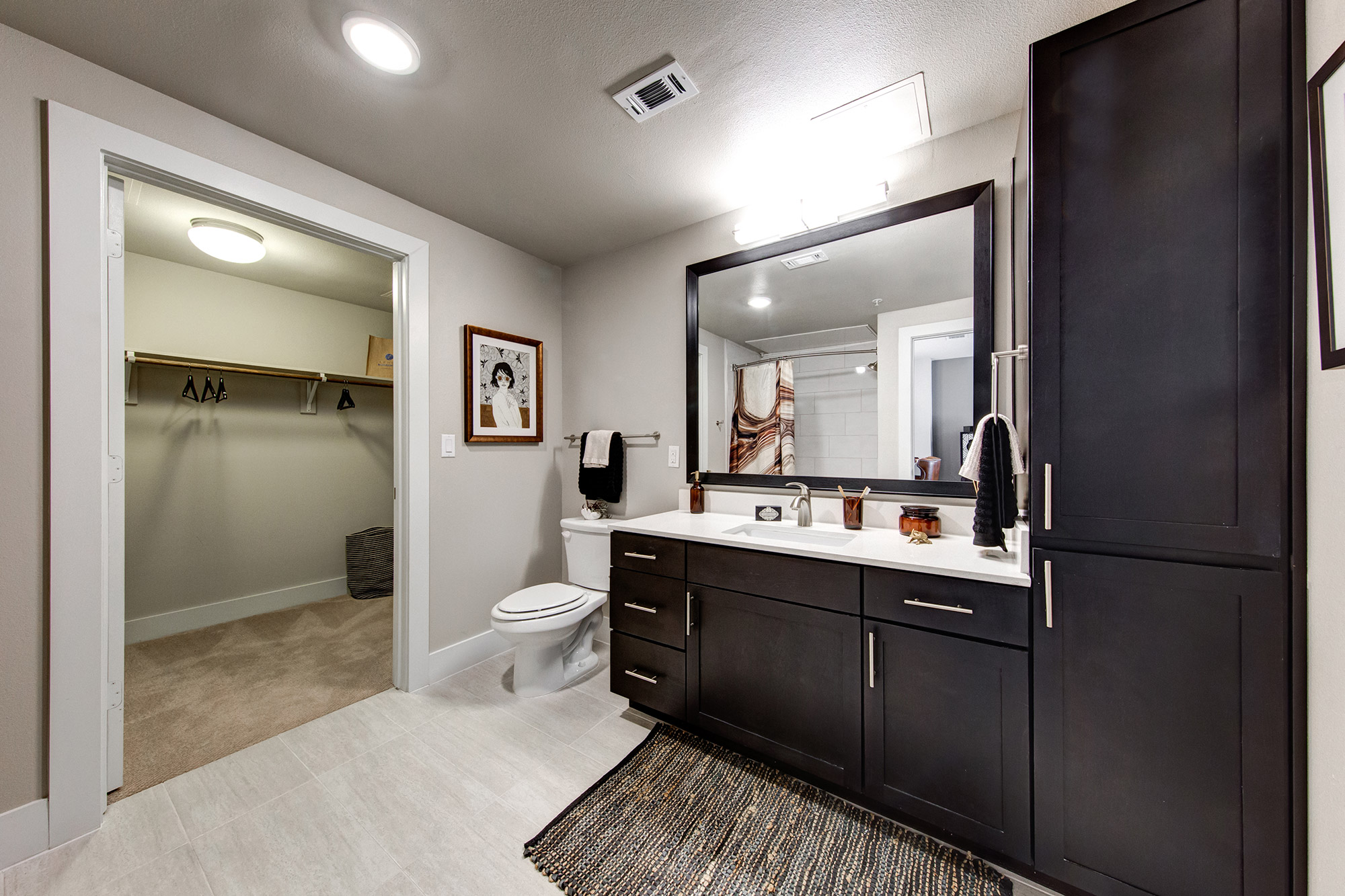 Bathroom with quartz counters, walk-in closet, and black cabinetry