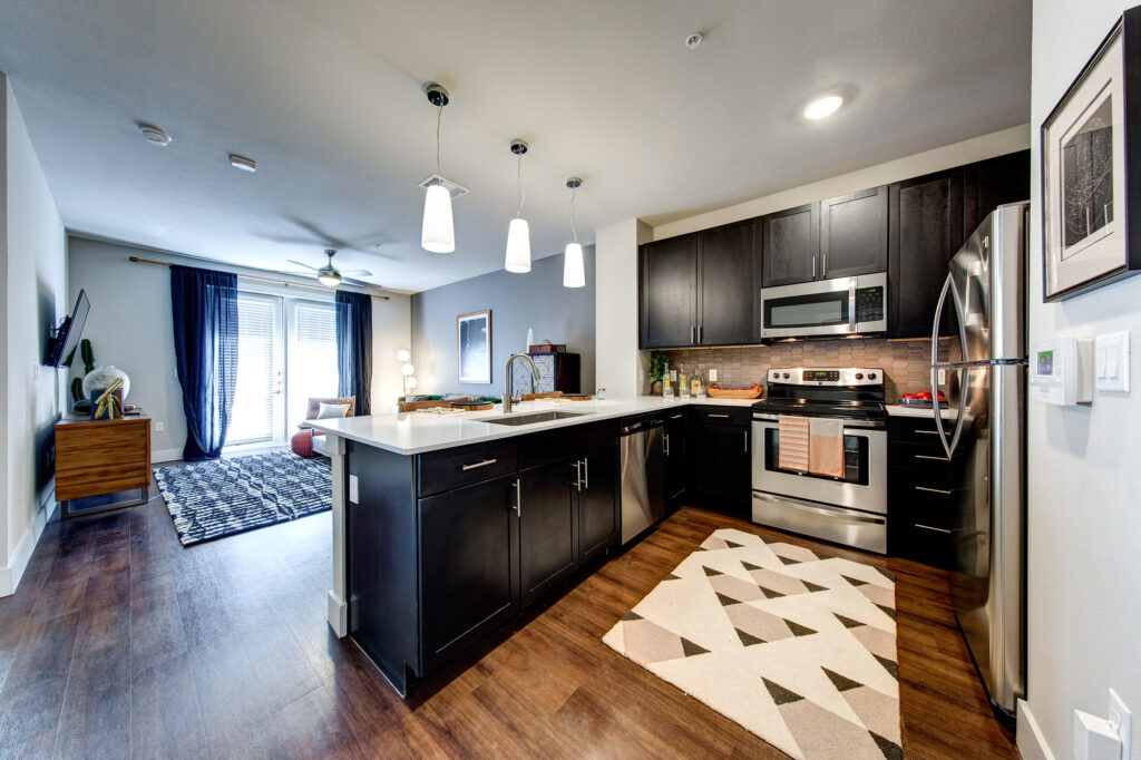 Kitchen with black cabinetry, wood-style floors, stainless steel appliances and quartz countertops that is open to the living room.